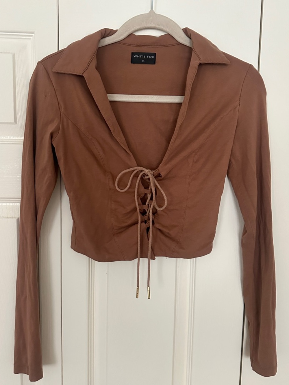 White Fox Brown Lace-Up Long Sleeve Top